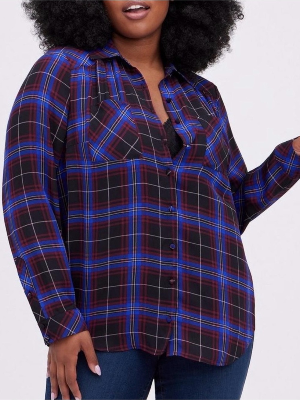 NWT Torrid Madison Georgette Button Down
Blouse Plaid Blue SIZE 4